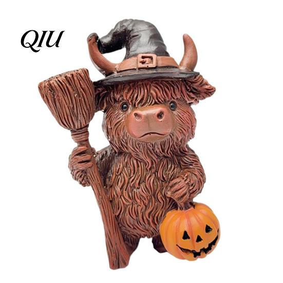 Weather Resistant Courtyard Ornaments Halloween Highland Cow Figurine, Wizard Broom & Bat Wing Pumpkin Durable Resin Crafts for Holiday Ornament,
