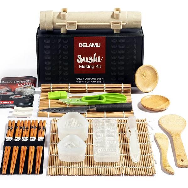 Delamu Sushi Making Kit 27 in 1 [Parent-Child] Sushi Kit, for Beginners/Pros Sushi Makers, with Bamboo Sushi Mats, Sushi Bazooka, Onigiri Mold, Rice 11.26 x 6.14 x 3.98 inche