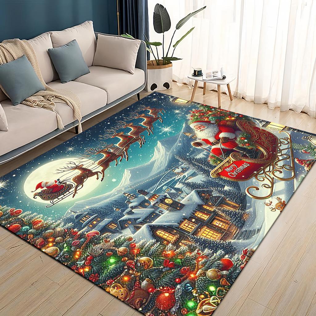 Merry Christmas Cartoon Santa Claus Snowman New Year Gift Carpet Rug for Living Room Bedroom Home Sofa Decoration,Non-slip Mat