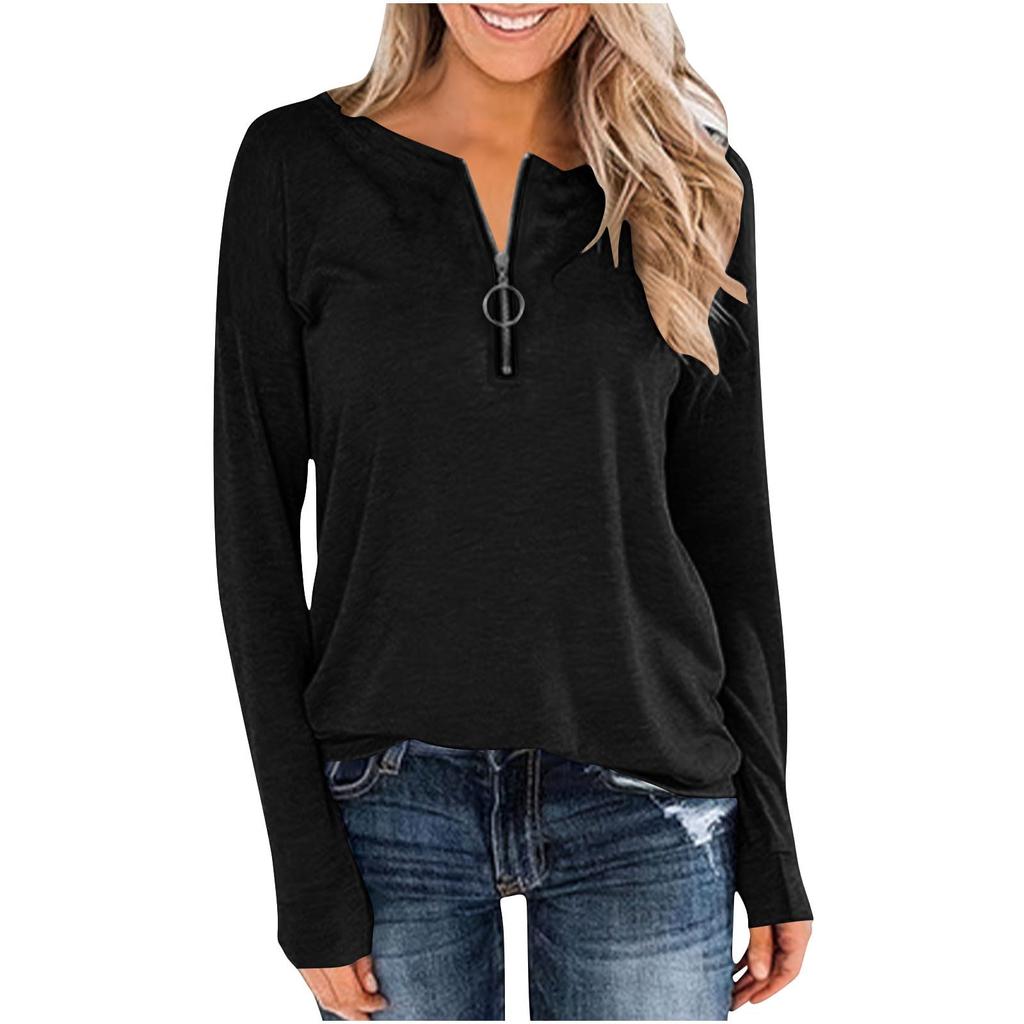 Women's Loose Comfortable Casual Fashionable Long Sleeved Pullover With Zipper And Solid Color Top