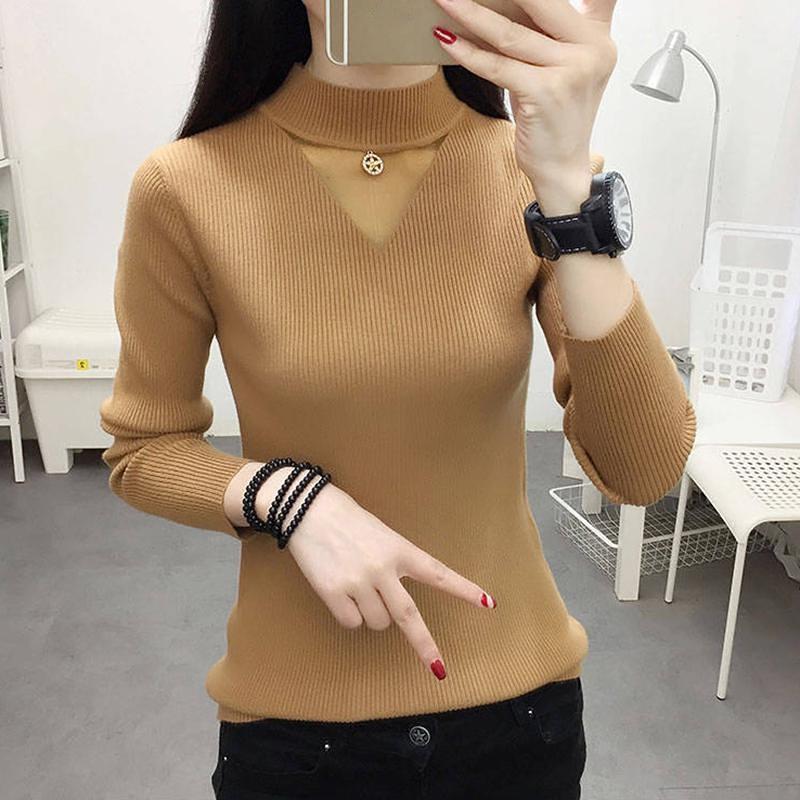 New Women's Turtleneck Pullover Slim Knit Jumper Winter Hollow Gauze  Yellow Sweater Tops