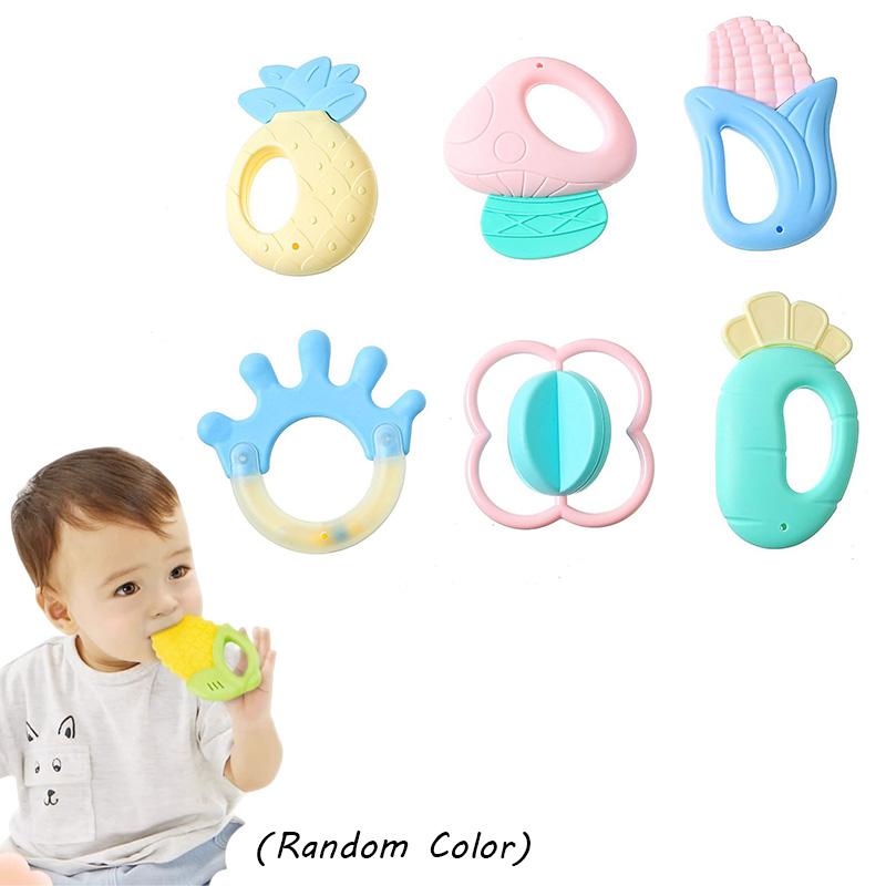 Baby 6pcs Silicone Rattle Set Infant Food Shaped Molar Stick Teething Toys Chew
