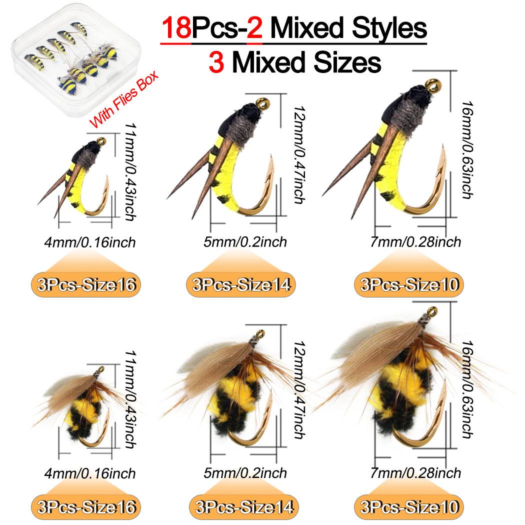 

18 шт. 2 смешанных стиля приманки для ловли форели нахлыстом сухие мушки желтая приманка для мотылька и шмеля с коробкой для мух 18Pcs-2Mixed Styles