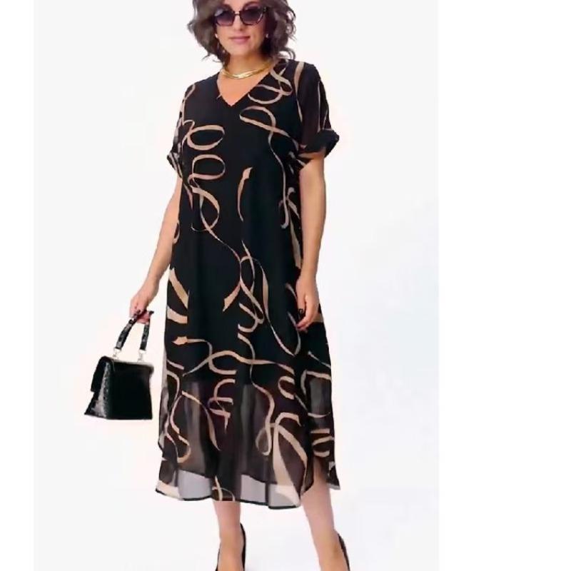European and American fashion new elegant printed V-neck dress large size women s temperament commuter medium and long dress S чёрный