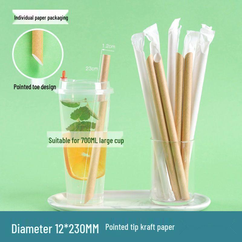 Eco-friendly Biodegradable Large Boba Tea Straw, Pointed Tip, Individually Wrapped Kraft Paper.
