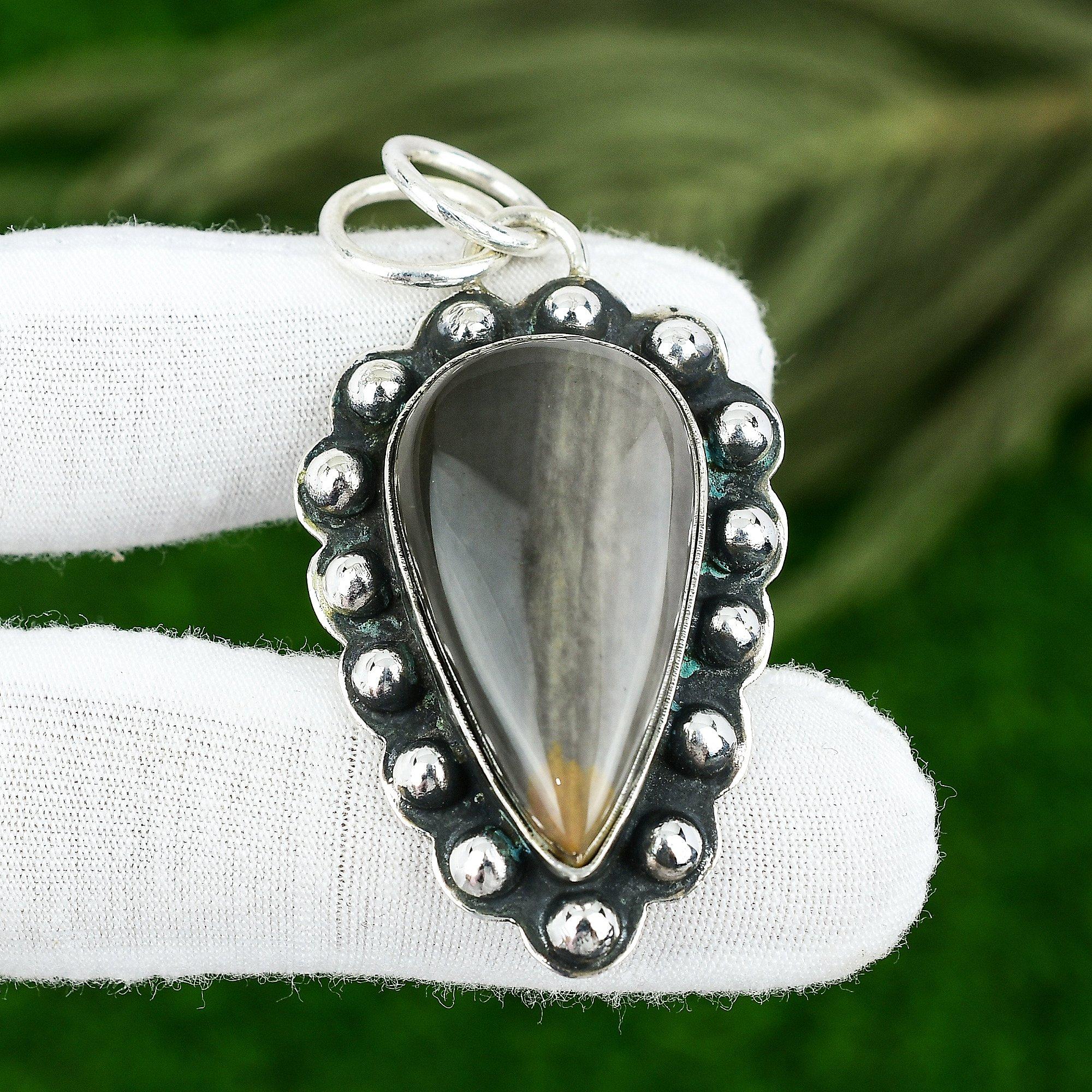 925 Silver Pear Flint Stone Gemstone Bezel Ethnic Wedding Mother Pendant Jewelry