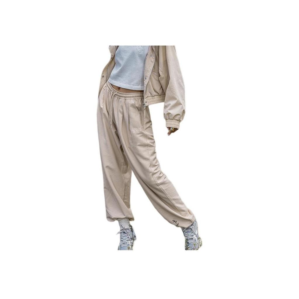 Li Ning Free Growth Solid Color Mid Waist Drawstring Cuffed Casual Pants Women Pants Light-Milk-Brown AKXT056-1