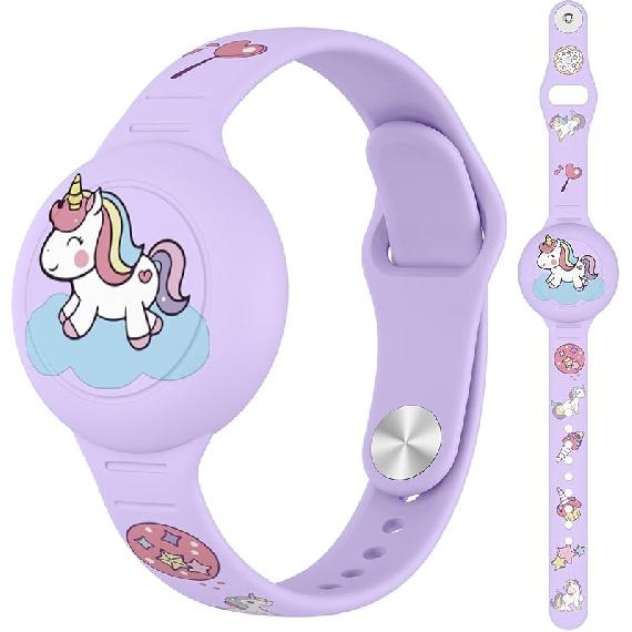 Waterproof for AirTag Bracelet for Kid, Soft Silicone Cartoon for AirTag Holder for Kids with Hidden Design, Compatible for Apple AirTag Wristband Purple-Unicorn