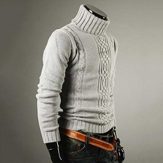 Men Slim Sweater Ribbed Cuffs Leisure High-necked Solid Color Warm Knitted Tops Daily Wear