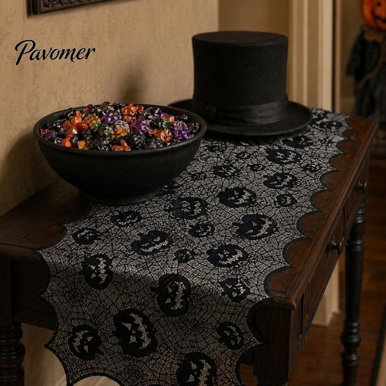 Halloween Centerpiece Runner Table Runner, 70 X 15 Inch Black Lace Spider Web Dark Spooky Gothic Pumpkin Dinner Decoration for Kitchen Decor,