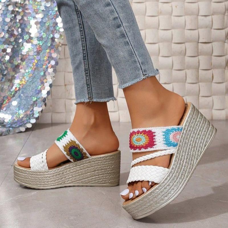 Fashion Ethnic Woven Wedge Slippers for Women Retro Embroidery Chunky Platform Slides Female Fashion 2025 Daily Non Slip Sandal Mujer