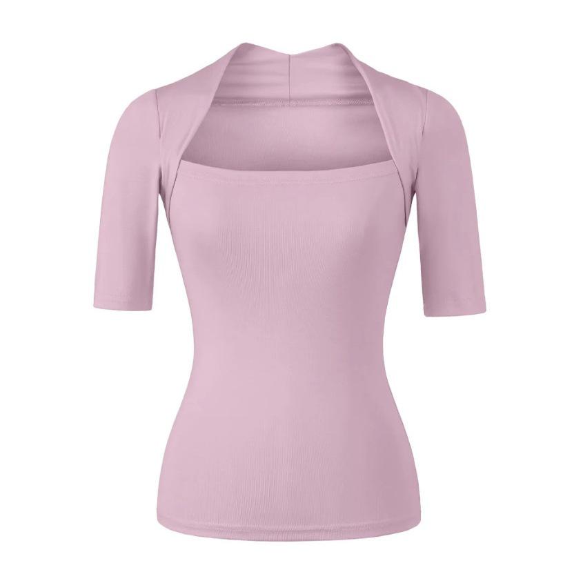 Light Gray Square Neck Slim Fit T-Shirt for Women - Short Sleeve, Waist Cinched, Ideal for Spring/Autumn