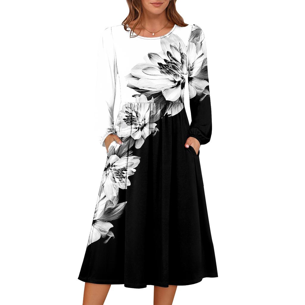 Women's fashionable loose retro printed round-neck dress