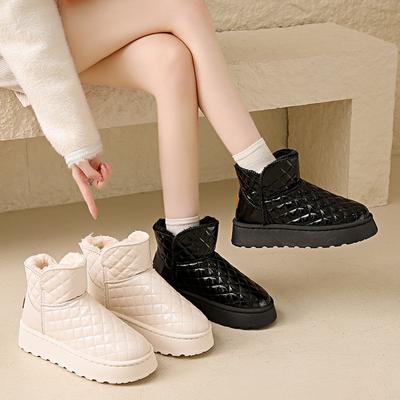 Herbst- und Winter Schneestiefel mit dicken Sohlen für Damen, mit integriertem Fell, wasserdicht und plüschig, verdickte warme Lederoberfläche und Baumwollschuhe