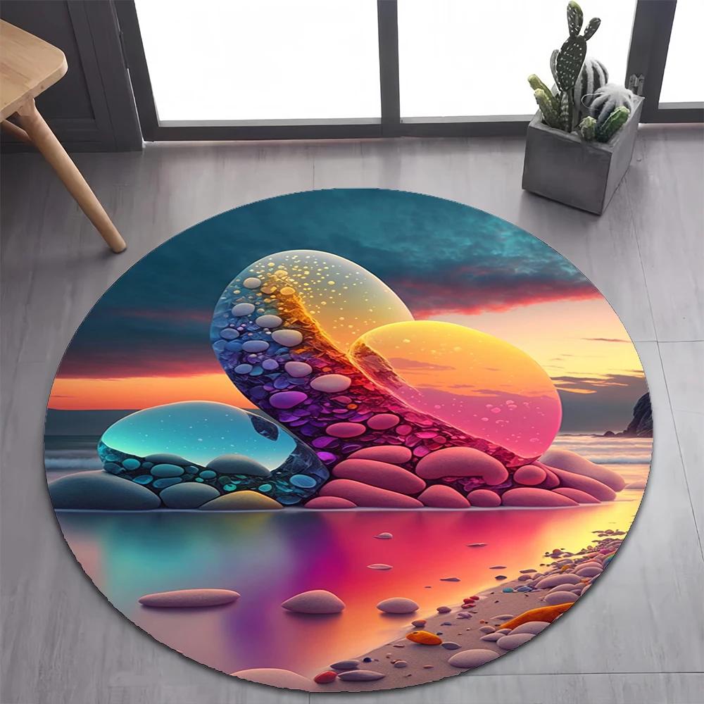 2025 New Style Colorful Pebble Rainbow Road Beach Stone Round Carpet Rug for Bedroom Living Room Decoration,pet Decor Floor Mat