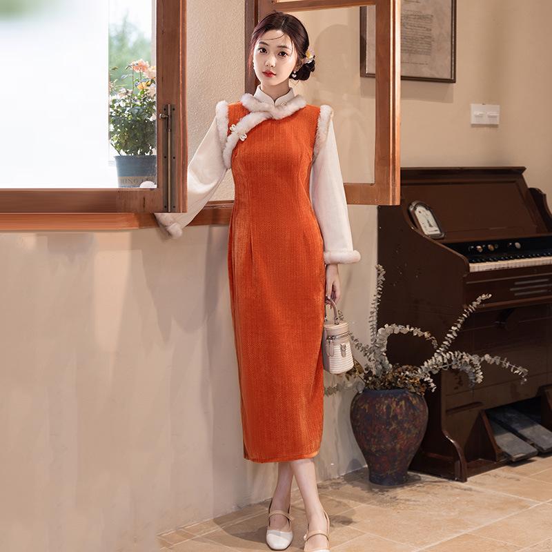 Winter clothing velvet national style new Chinese long-sleeved improved cheongsam women s high-end retro New Year s clothing winter S