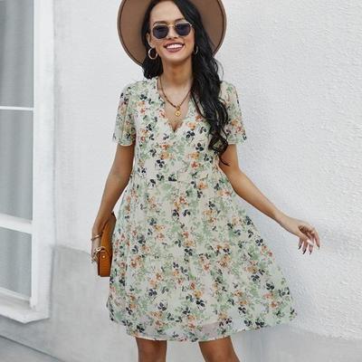 Damen Sommer Blumen Chiffonkleid V-Ausschnitt Kurzarm Lässig Frühlingsoutfit