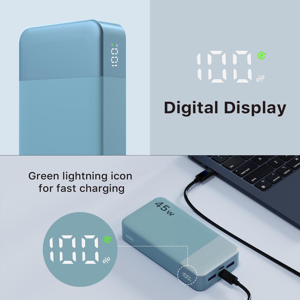 NOBIS 45W Power Bank 20000Mah Slim Portable Smart Led Display Power Banks With Cable