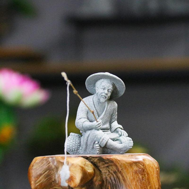 1 Stück Aquarium Mini Fischer Statue Asiatisch Zen Heimdekoration Aquarium Garten Sitzen Angeln Sandstein Vintage Ornament