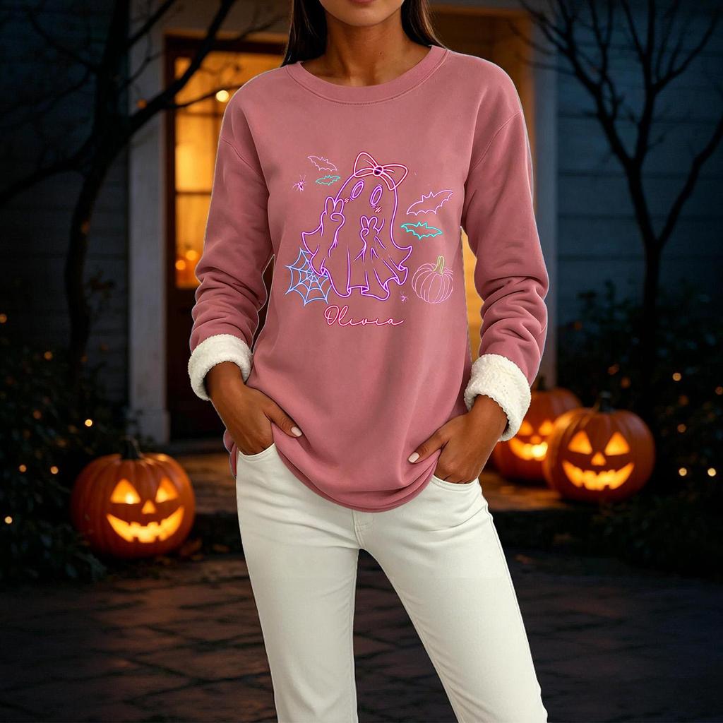 Women's Long Sleeve Pullover Round Neck Halloween Print Winter Casual Top