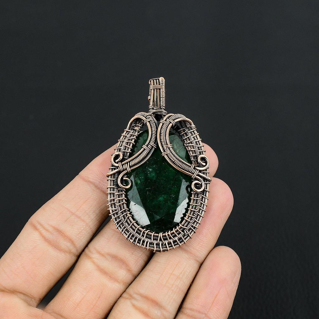 Emerald Pendant, 999 Copper Wire Wrapped Pendant Gemstone Jewelry, Handmade Pendant Amazing Jewelry, Gift For Her