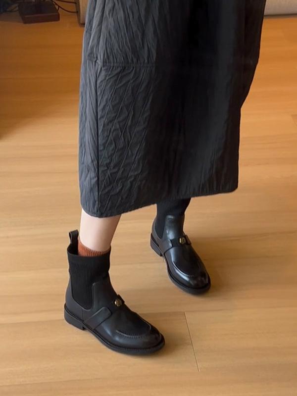 Cowhide version~ Leather camellia elastic thin boots women's versatile retro British thick heel short boots socks boots Martin boots