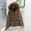 Mengjia belt waist slim fit down jacket women's short fox big fur collar new winter cold protection