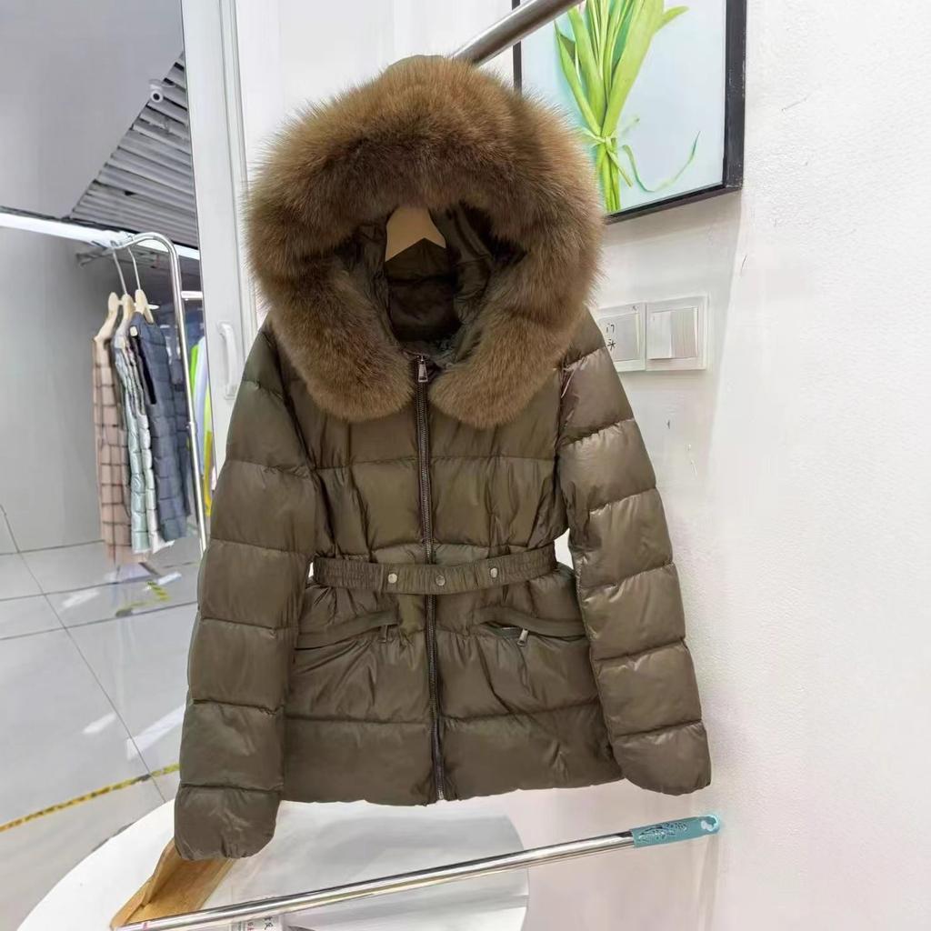 Mengjia belt waist slim fit down jacket women's short fox big fur collar new winter cold protection