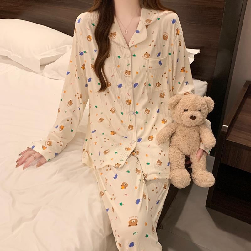 Butter Bear Pajamas Women'S Spring And Autumn Long-Sleeved Trousers Cute Print Student Dormitory Simple Suit Loungewear