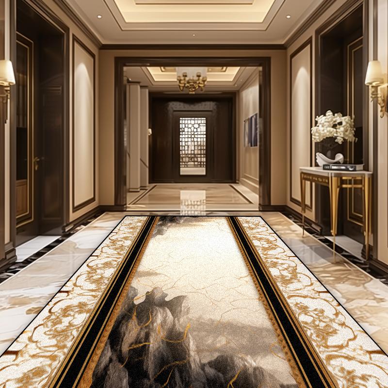 European Luxury Golden Corridor Soft Carpet Villa Aisle Stair Decoration Area Rug Washable Hotel Porch Entry Floor Mat Non-slip