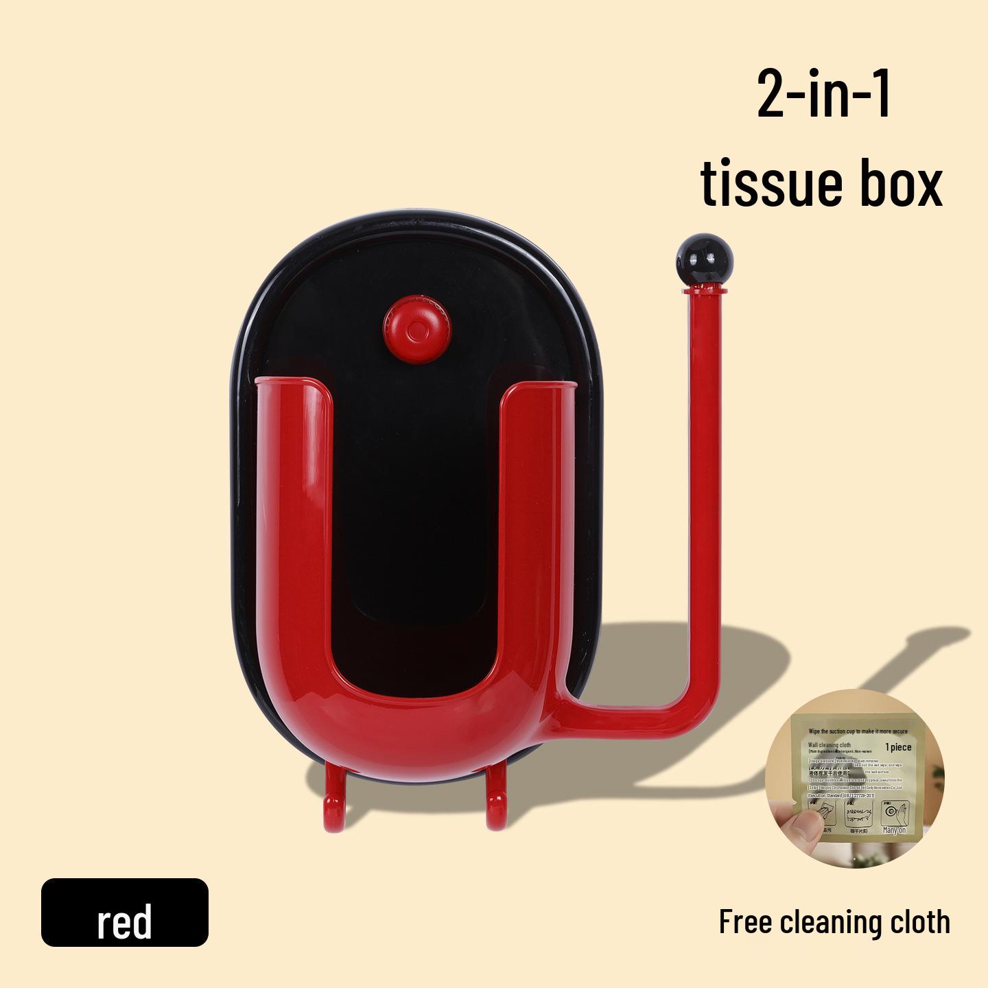 Suction Cup Wall-Mounted Tissue Holder with Dual Storage for Kitchen & Bathroom красный