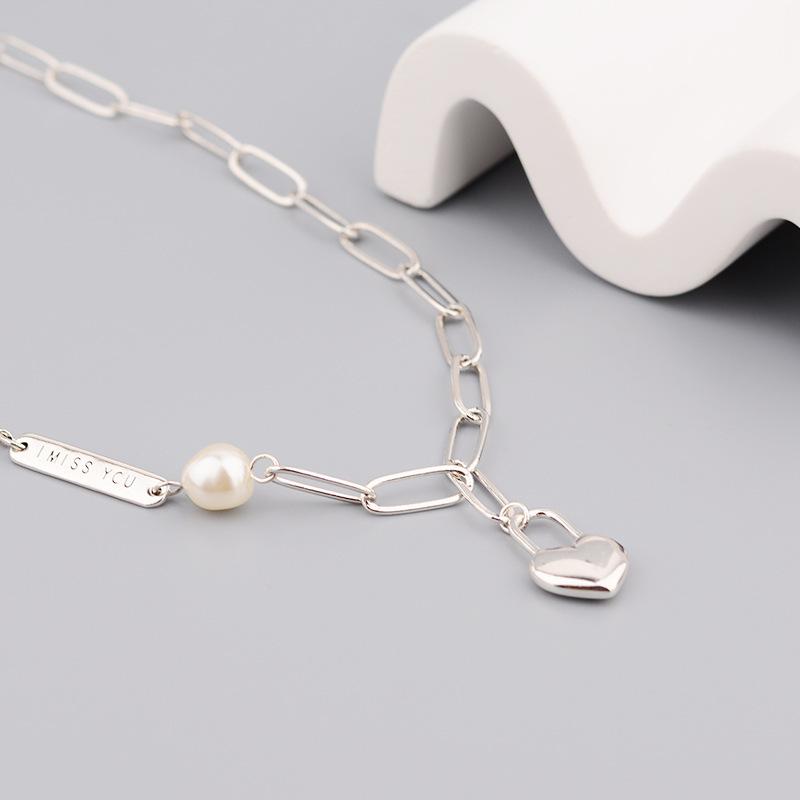 Heart-Shaped Necklace Women S Personality Simple Hip-Hop Special-Shaped Pearl Letter Tag Love Lock Neck Chain