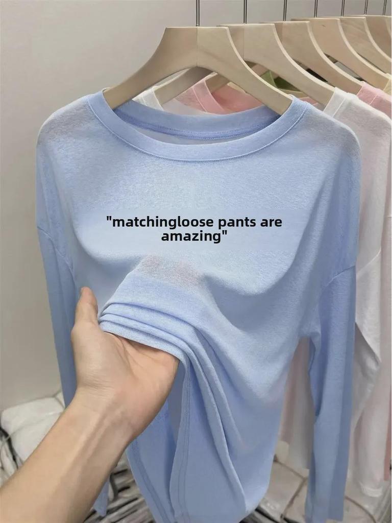 Dámská letní halenka ze síťoviny z ledového hedvábí, tenké vzdušné tričko s dlouhým rukávem, růžové