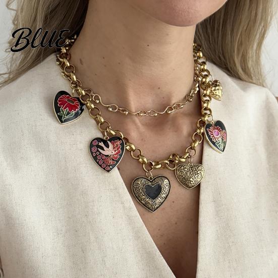 Oxidization Resistant Necklace Floral Heart Charms Necklace Double Layer Vintage