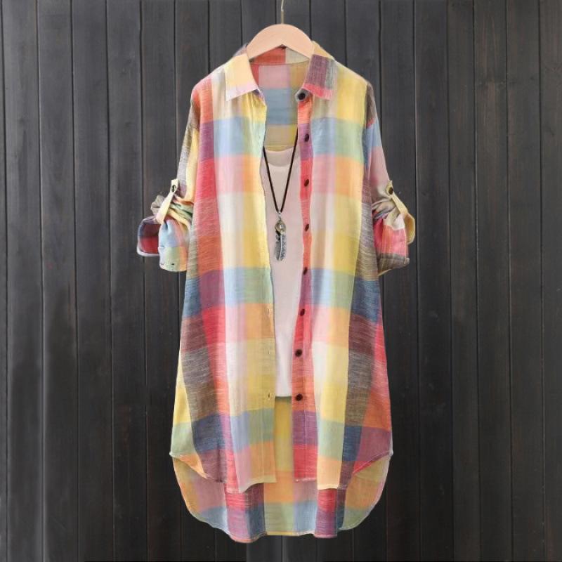 Cotton and linen shirt jacket women's summer thin sunscreen shirt medium and long long-sleeved top loose plaid shirt