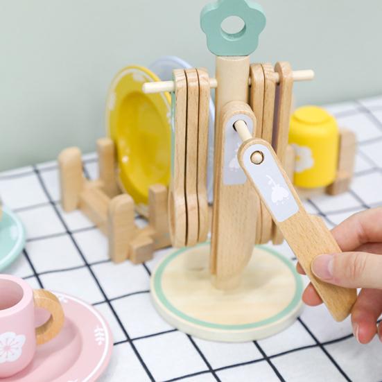 Wooden Kitchen Toy Set for Kids Wood Dinnerware Playset with Plates Cups Cutlery And Holders Simulated Play House Kitchen Pretend Toy Gift