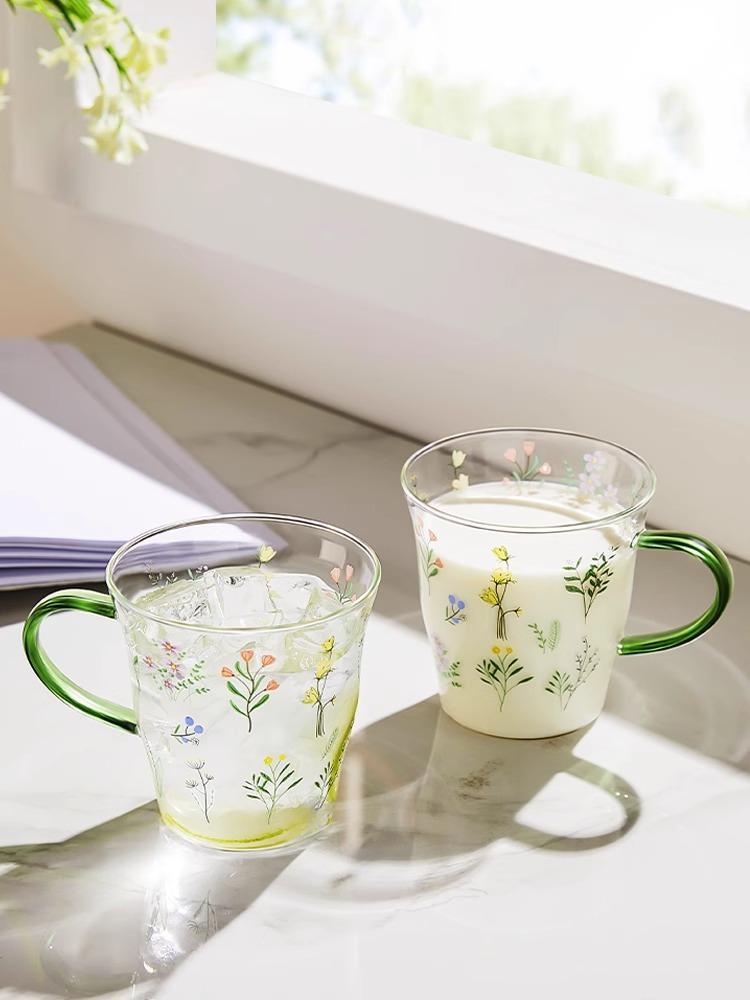 400ml Vintage Floral Glass Mug with Handle, Heat-Resistant Borosilicate Coffee Cup, Korean Style Drinkware for Tea, Latte, Juice