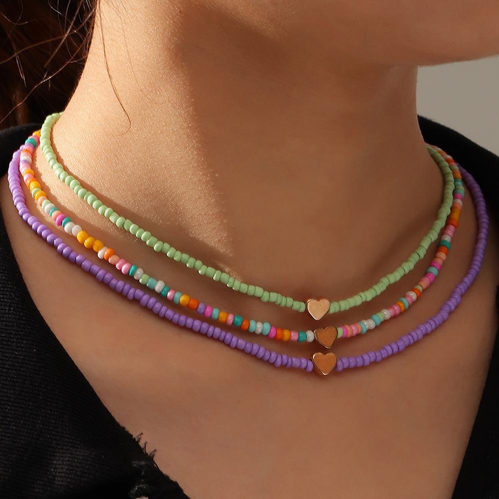 Bohemia Cute Fashion Multicolour Resin Beaded Multilayer Heart Pendant Necklace for Women Charm Summer Beach Jewelry Set Gift зелёный