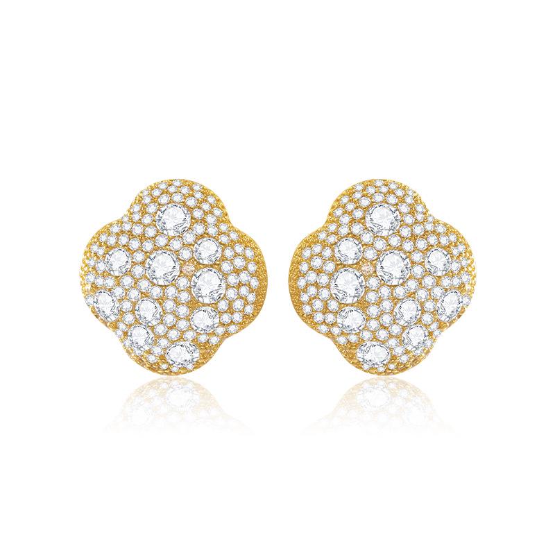 European & American Hot-Selling Copper Alloy Four-Leaf Clover Women's Stud Earrings with Zircon Inlay - Hip Hop Style