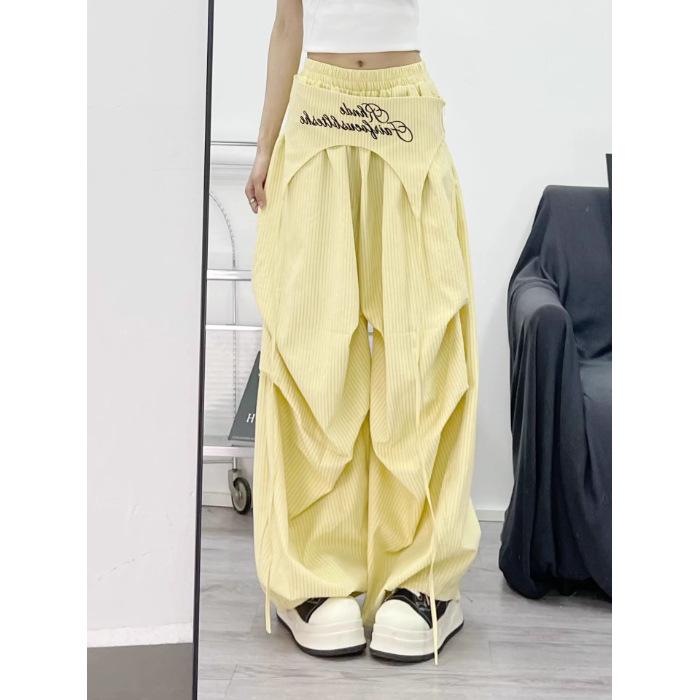 2025 Women s Retro Striped Embroidered Wide-Leg Tie-Up Pants Small