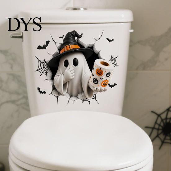 Waterproof PVC Bathroom Art Halloween Toilet Seat Cover Stickers, Scary 3D Crack Ghost Skeleton Cute Lid Wrap Tank Decals, Horror Wall Sticker