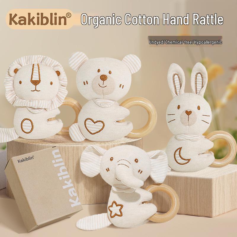 Kakiblin Organic Cotton & Beech Wood Baby Teething Ring Rattle