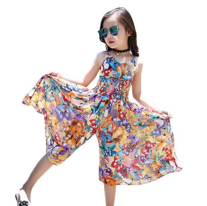 Girls' Summer Floral Jumpsuit Dress - Rayon Camisole, Wide-Leg, Fashionable for Toddlers & Older Kids