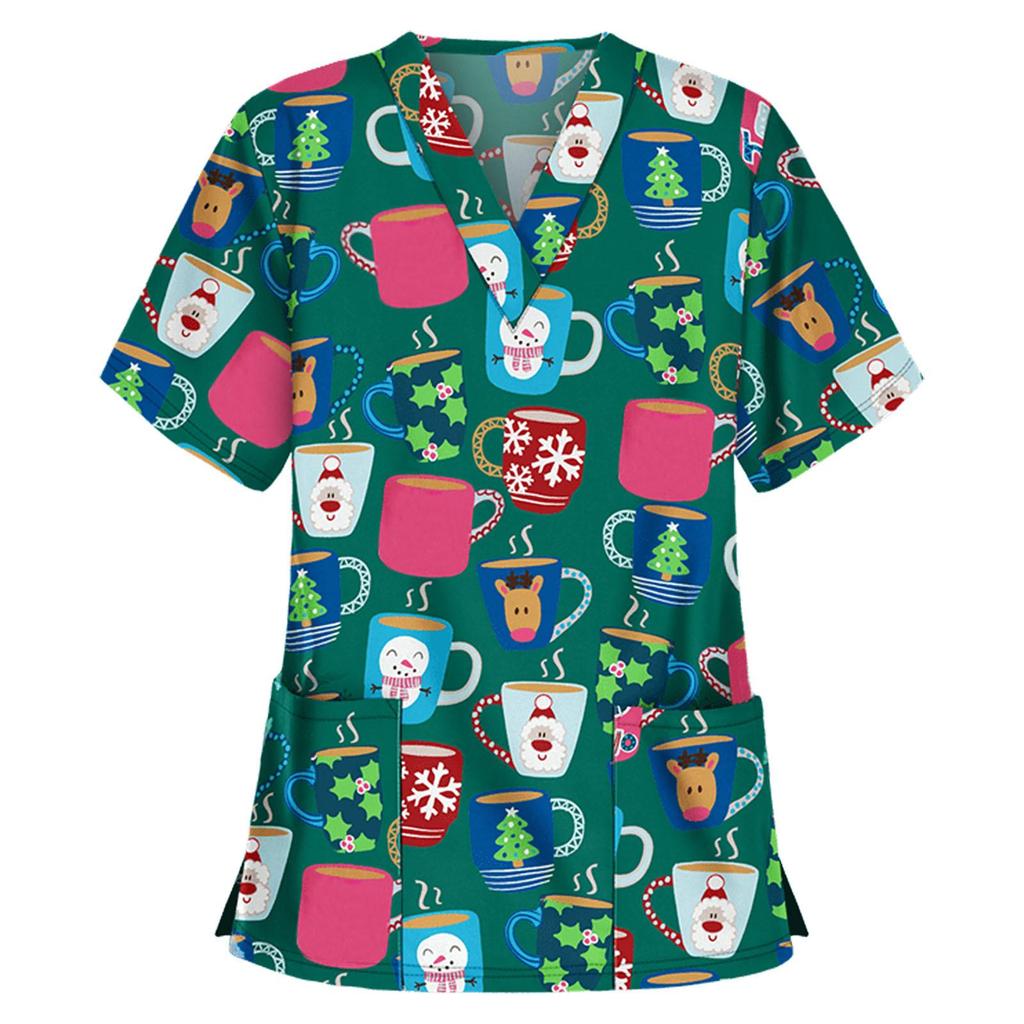 Women Short Sleeve V-neck Tops Working  Christmas Thanksgiving Blouse