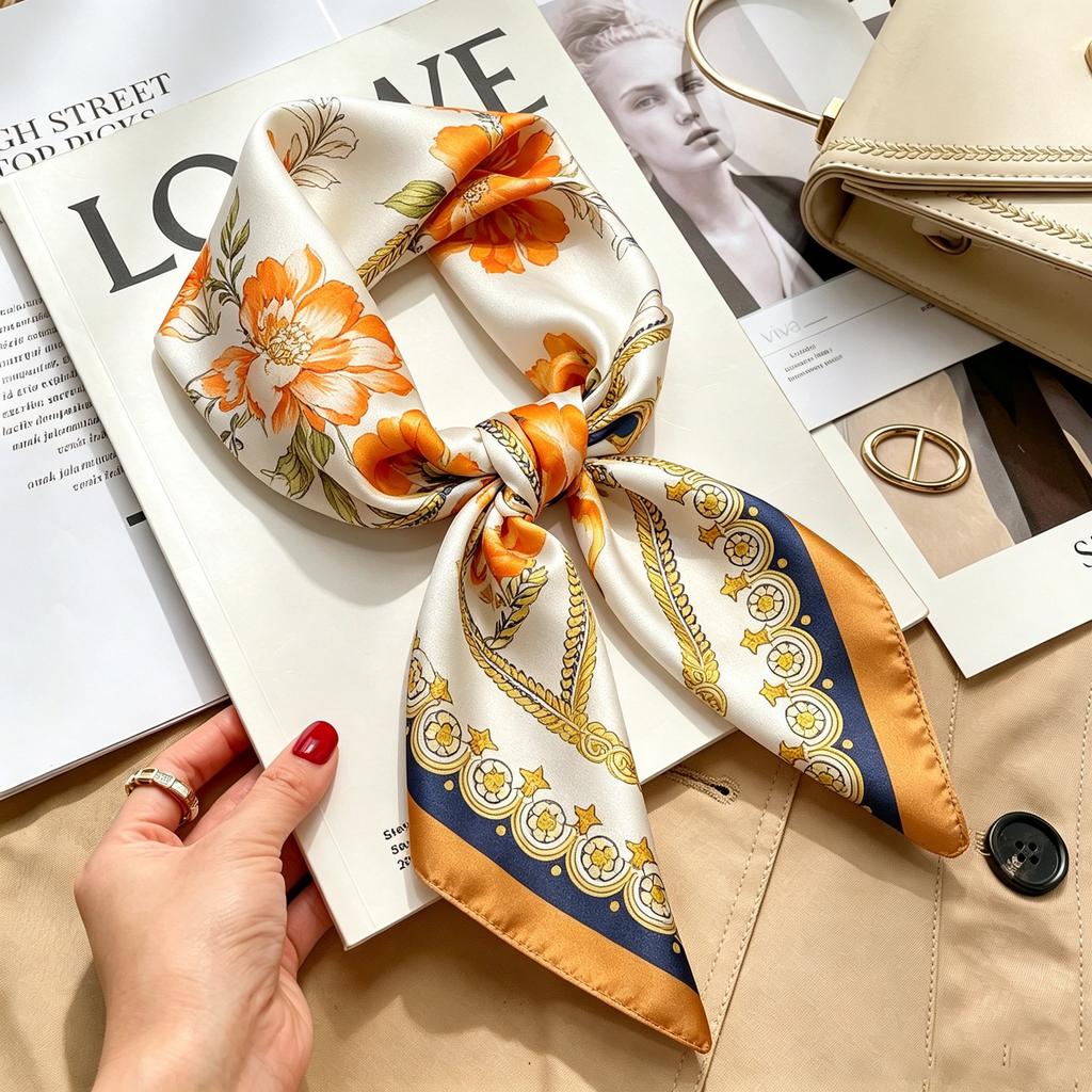 Commuter elegant flower silk scarf women's contrasting color retro printing satin scarf shirt with multi-purpose decorative small scarf