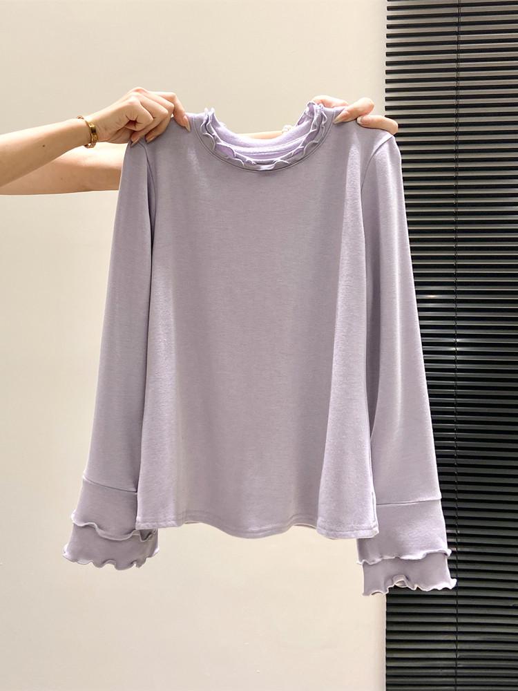

Women s Long Sleeve Round Neck T-shirt with Lace Layer - French Double Wood Ear Trim, New for Autumn/Winter 2026. M фиолетовый