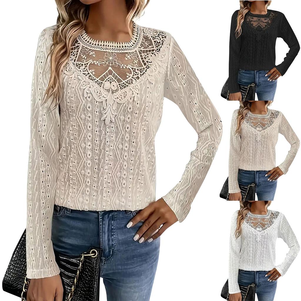 Women's Fashion Solid Color Lace Splicing Casual Hollowed Out Long-sleeved T-shirt