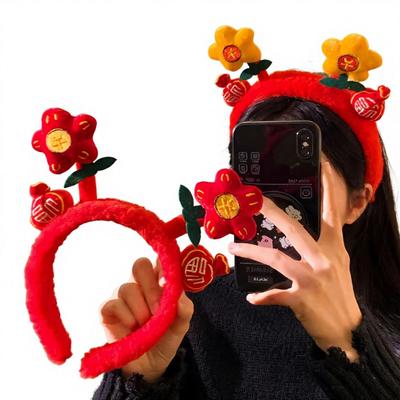 New Years Money-Flower Plush Lion-Dance Face-Washing Headband Hair Clip Girls Chinese Style Handmade Auspicious Headpiece