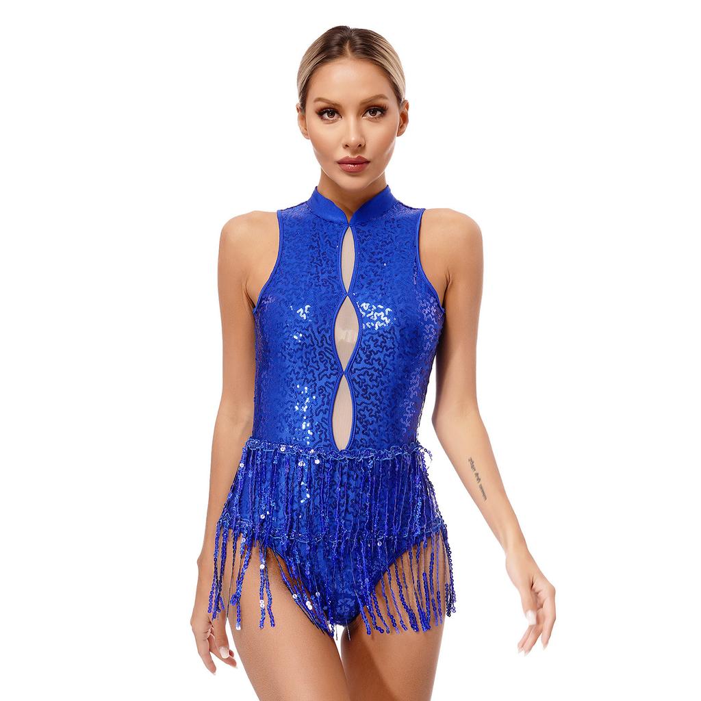 Maillot de corps brillant à paillettes et franges pour femme Trou de serrure Sans manches Dos nu à franges Costume de performance de danse