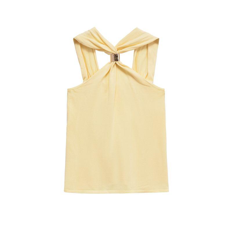 Kaslead New Arrival Women's Fashion Style Gold Inlaid Wide Shoulder Strap Hanging Collar Knitting Tops 4938116